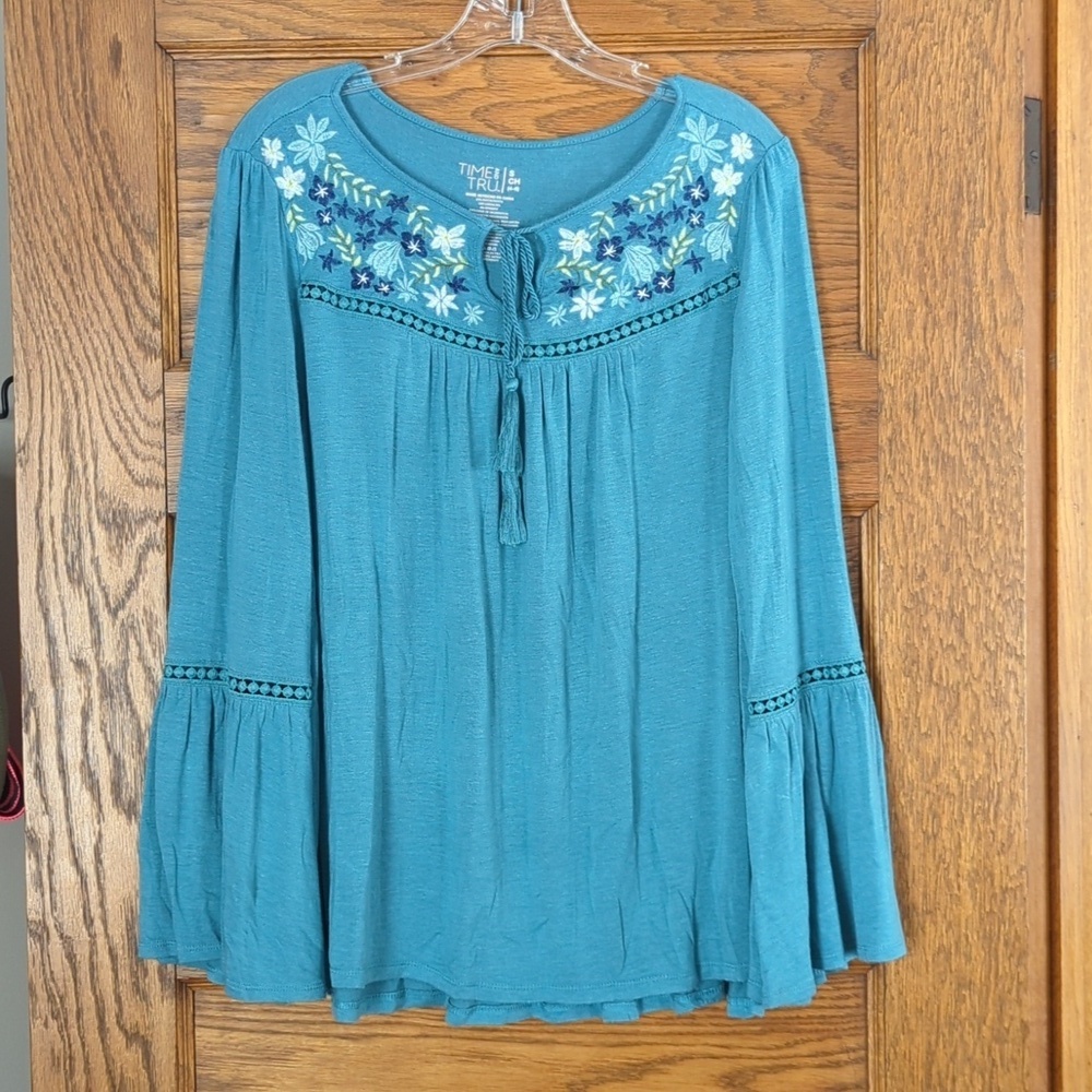 Time and Tru Trumpet Sleeve Tie Tassel Neck Flowy Embroidered Floral Blouse S